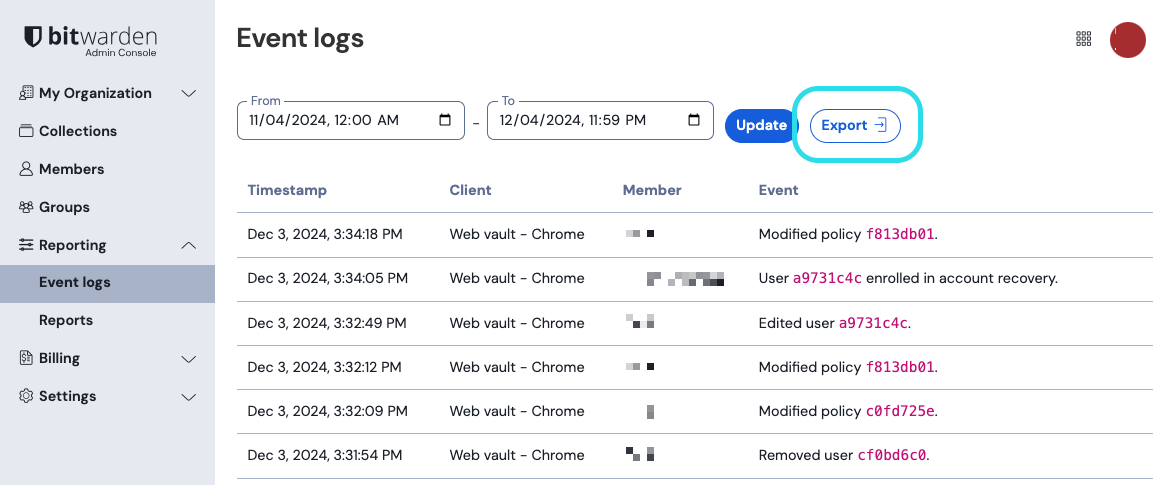 Bitwarden Admin Console Event logs page with a From and To date range, Update and Export buttons, and rows showing Timestamp, Client, Member and Event columns
