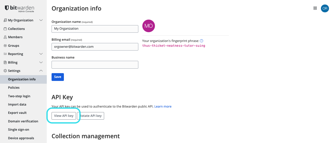Bitwarden Admin Console Organization info page with the Settings navigation expanded and the API Key section showing View API key and Rotate API key buttons