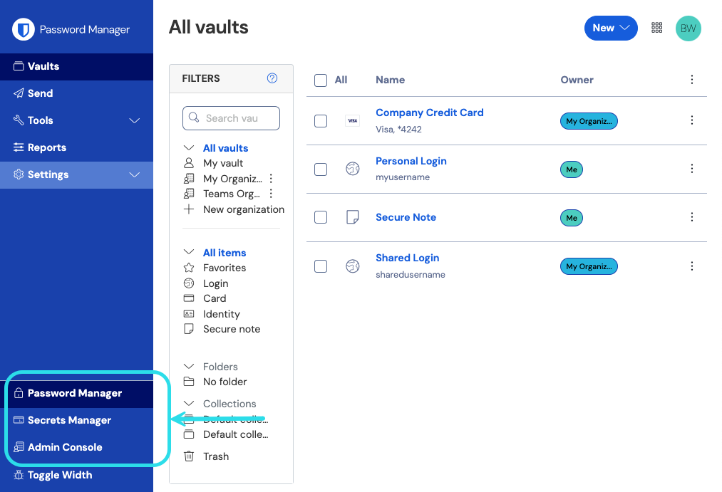 Bitwarden Password Manager with the product switcher expanded at the lower left, showing Password Manager, Secrets Manager and Admin Console