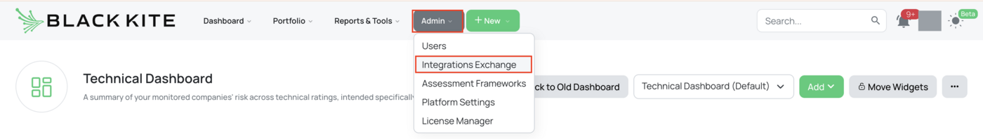 Black Kite top navigation with the Admin menu open, showing Users, Integrations Exchange, Assessment Frameworks, Platform Settings and License Manager