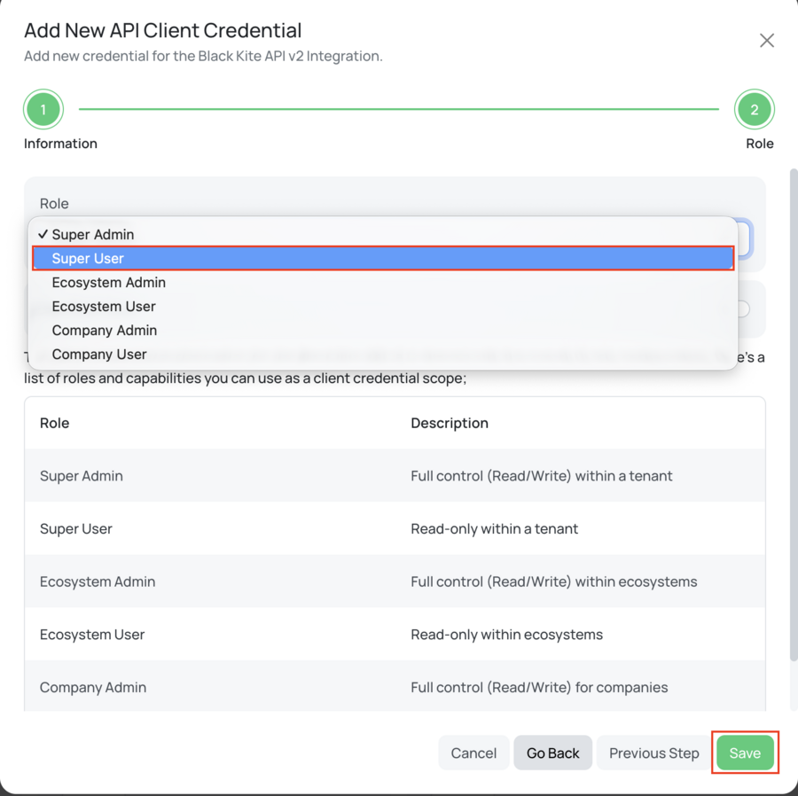 Add New API Client Credential dialog, step 2 of 2, with the Role dropdown open showing Super Admin checked, Super User highlighted, and Ecosystem Admin, Ecosystem User, Company Admin and Company User below it, beside Black Kite's own table of roles and capabilities