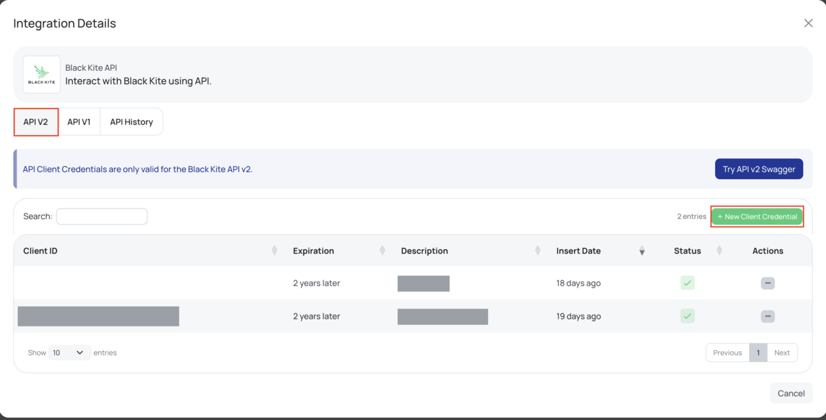 Black Kite Integration Details panel showing the API V2, API V1 and API History tabs, a banner reading API Client Credentials are only valid for the Black Kite API v2, and a table of existing credentials with Client ID, Expiration, Description, Insert Date and Status columns