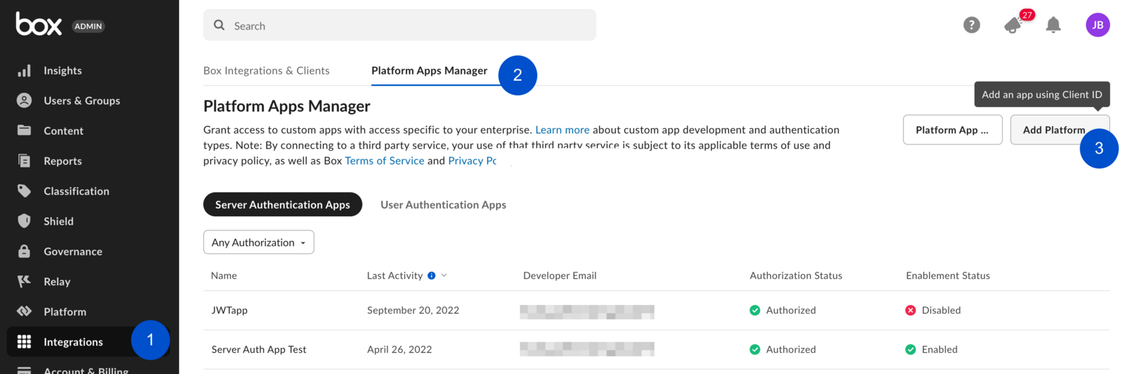 Box Admin Console Platform Apps Manager with numbered callouts on the Integrations navigation entry, the Platform Apps Manager tab, and the Add Platform App button