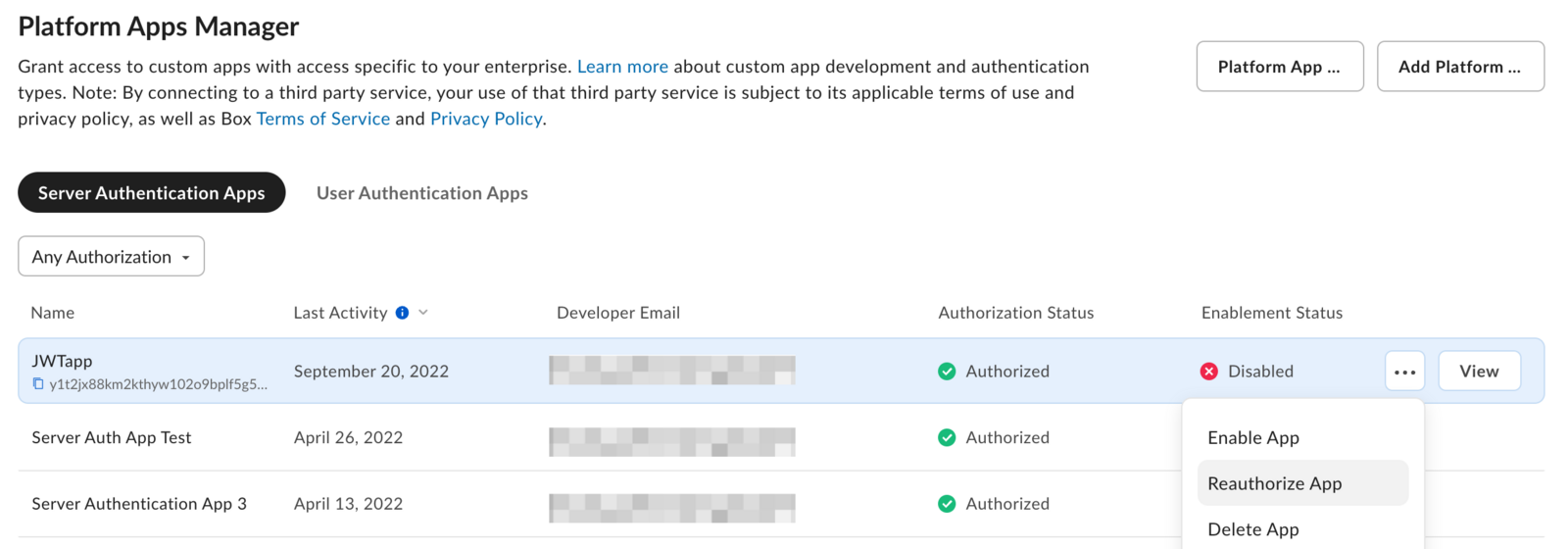 Box Platform Apps Manager row menu open, showing Enable App, Reauthorize App and Delete App