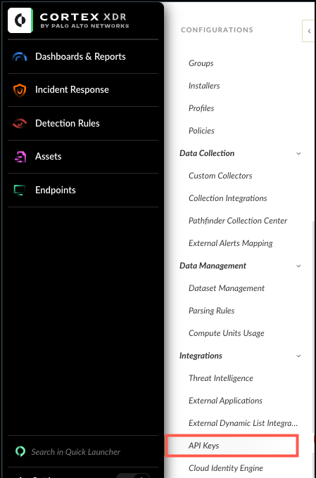 Configurations panel showing the Integrations group with API Keys highlighted