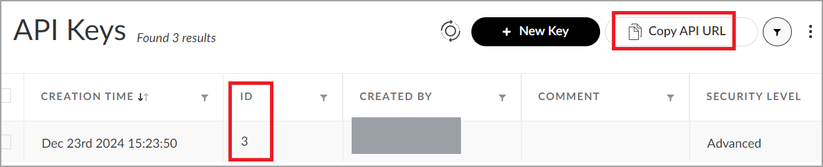 API Keys table showing the ID column and the Copy API URL button
