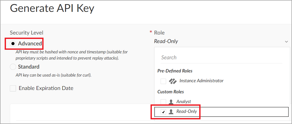 Generate API Key dialog with Advanced selected under Security Level and a read-only role checked in the Role list