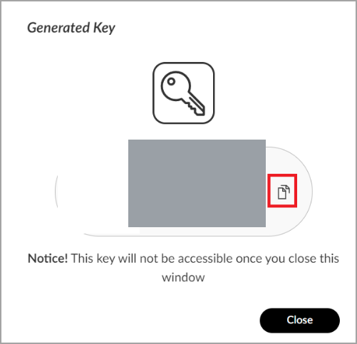 Generated Key dialog with the key value redacted, a copy button, and the notice that the key will not be accessible once the window is closed
