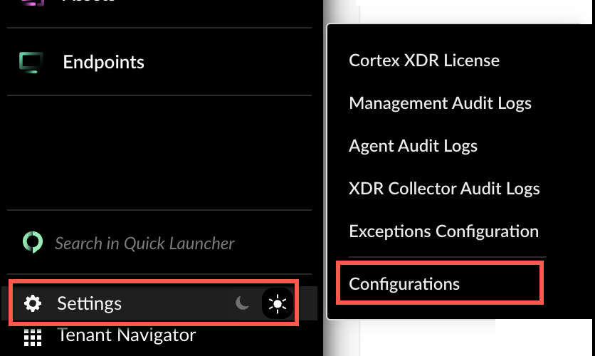 Cortex XDR left rail with Settings selected and the Configurations item highlighted in the flyout menu