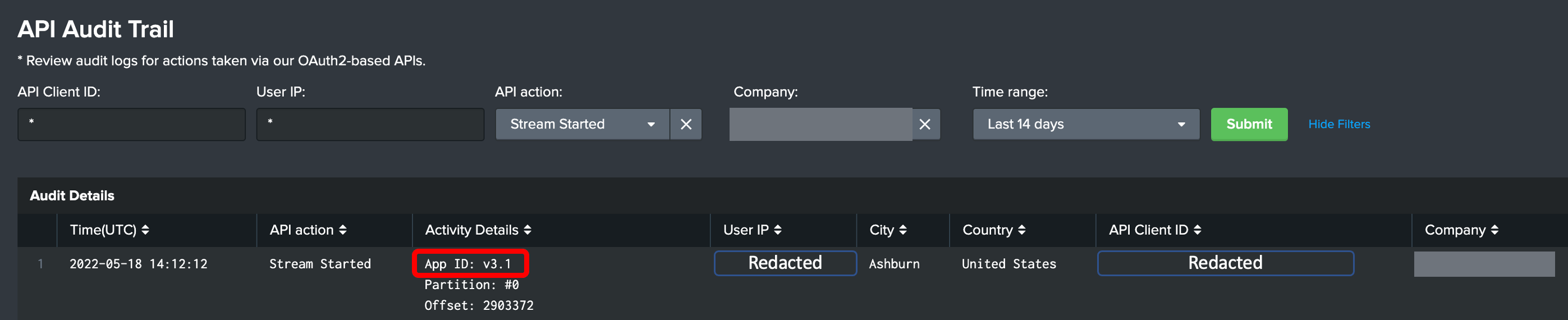 Falcon API Audit Trail filtered to API action Stream Started, showing one row whose Activity Details column reads App ID, Partition and Offset