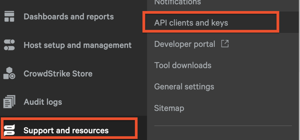Falcon navigation menu with Support and resources selected and API clients and keys highlighted