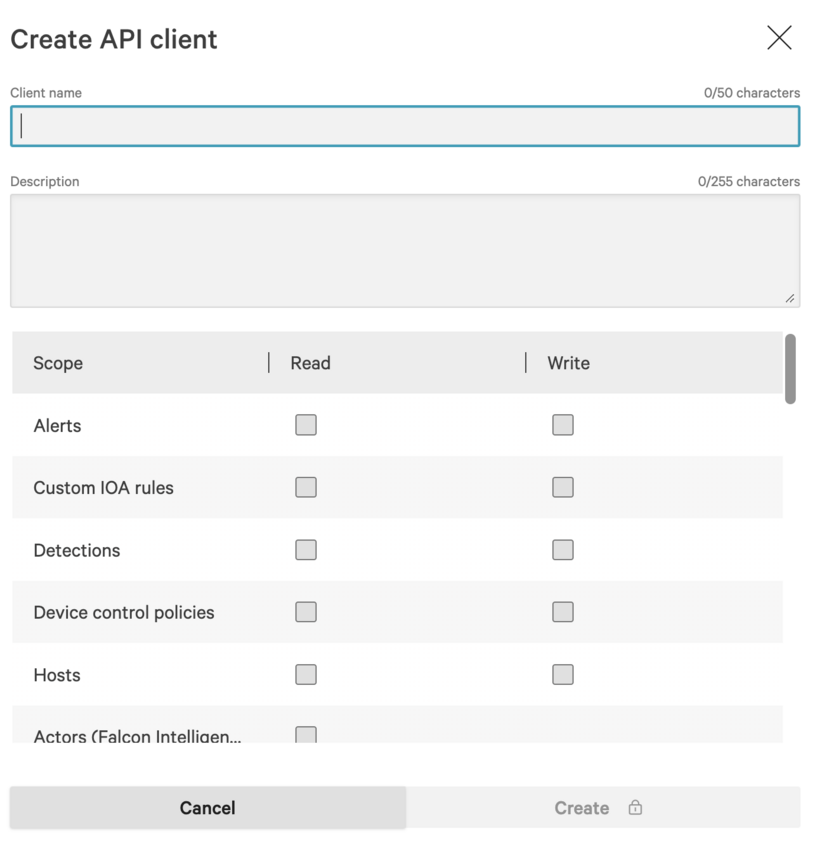 Create API client panel with empty Client name and Description fields above a scrollable Scope table whose first row is Alerts, with Read and Write columns