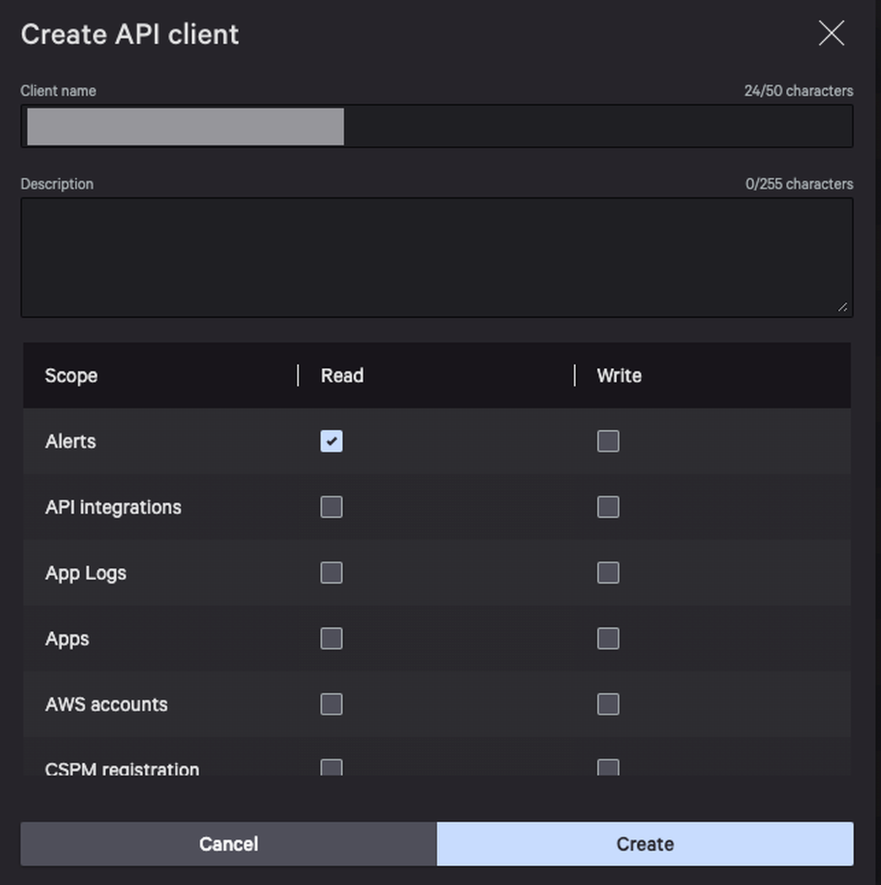 Create API client panel with the Alerts row ticked in the Read column, above API integrations, App Logs, Apps and AWS accounts