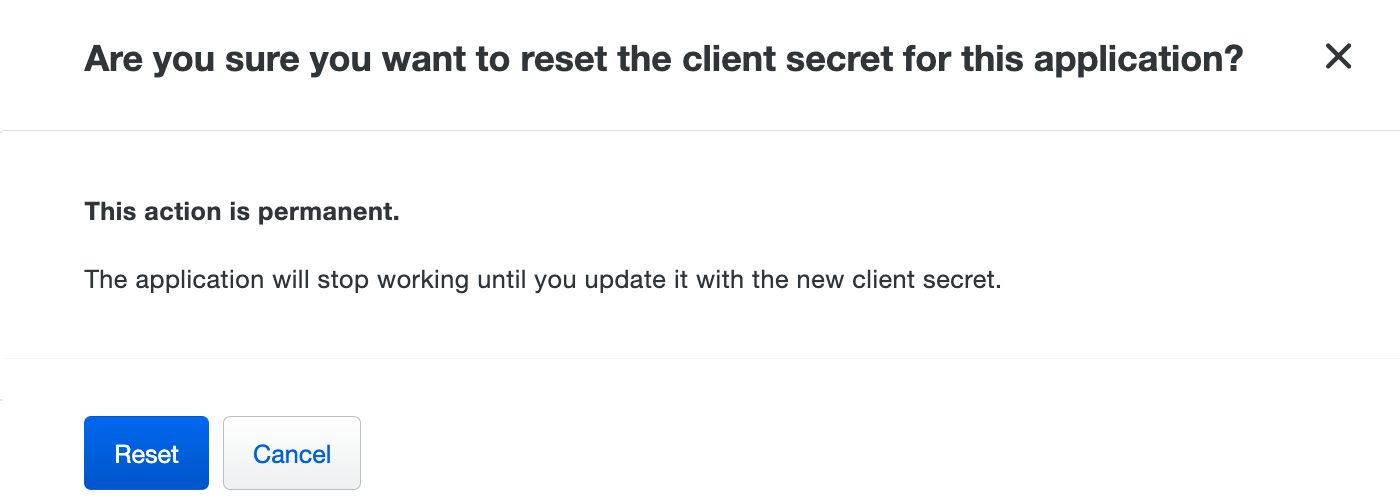Duo confirmation dialog reading "Are you sure you want to reset the client secret for this application?" with the warning "This action is permanent. The application will stop working until you update it with the new client secret" and Reset and Cancel buttons