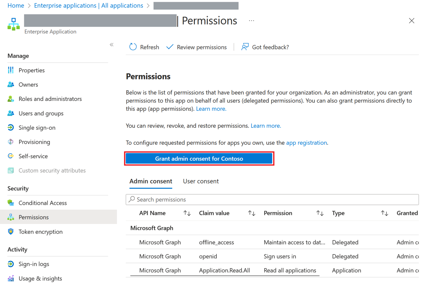 Entra ID Permissions page for an enterprise application, showing the Grant admin consent button, the Admin consent and User consent tabs, and a permissions table with API Name, Claim value, Permission and Type columns