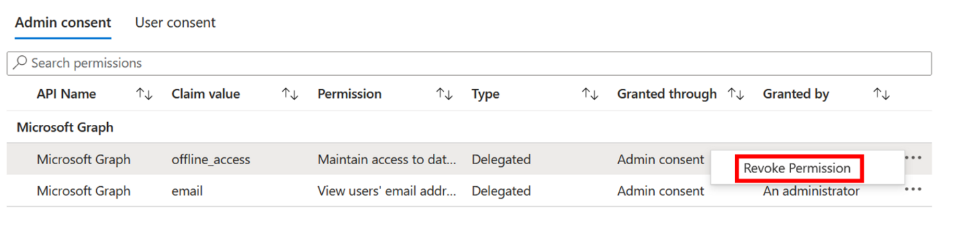 The Admin consent tab of an enterprise application's Permissions page, with the Revoke Permission control open on a permission row