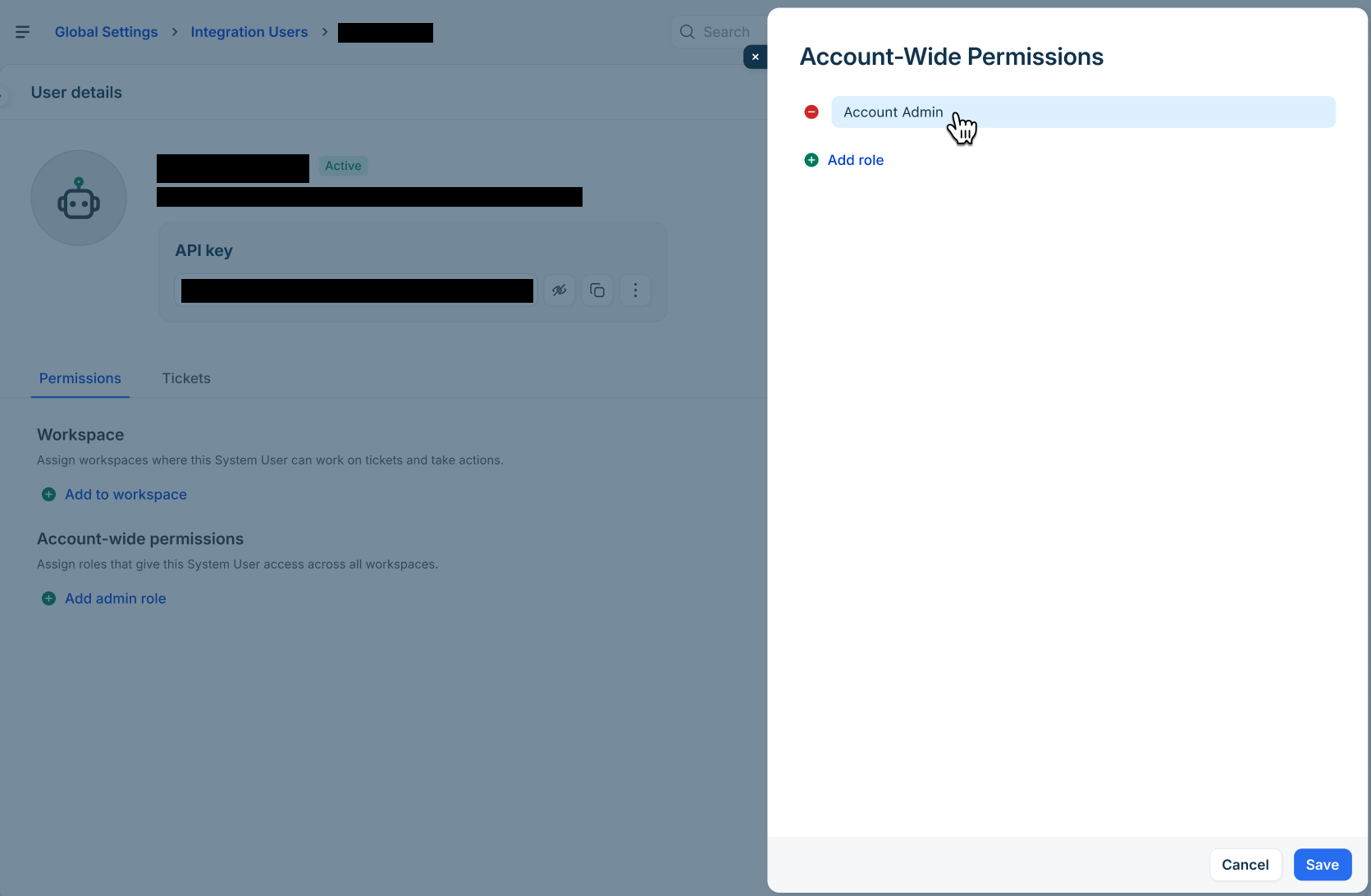Account-Wide Permissions panel listing the Account Admin role, with the Cancel and Save buttons; the API key field behind the panel is redacted