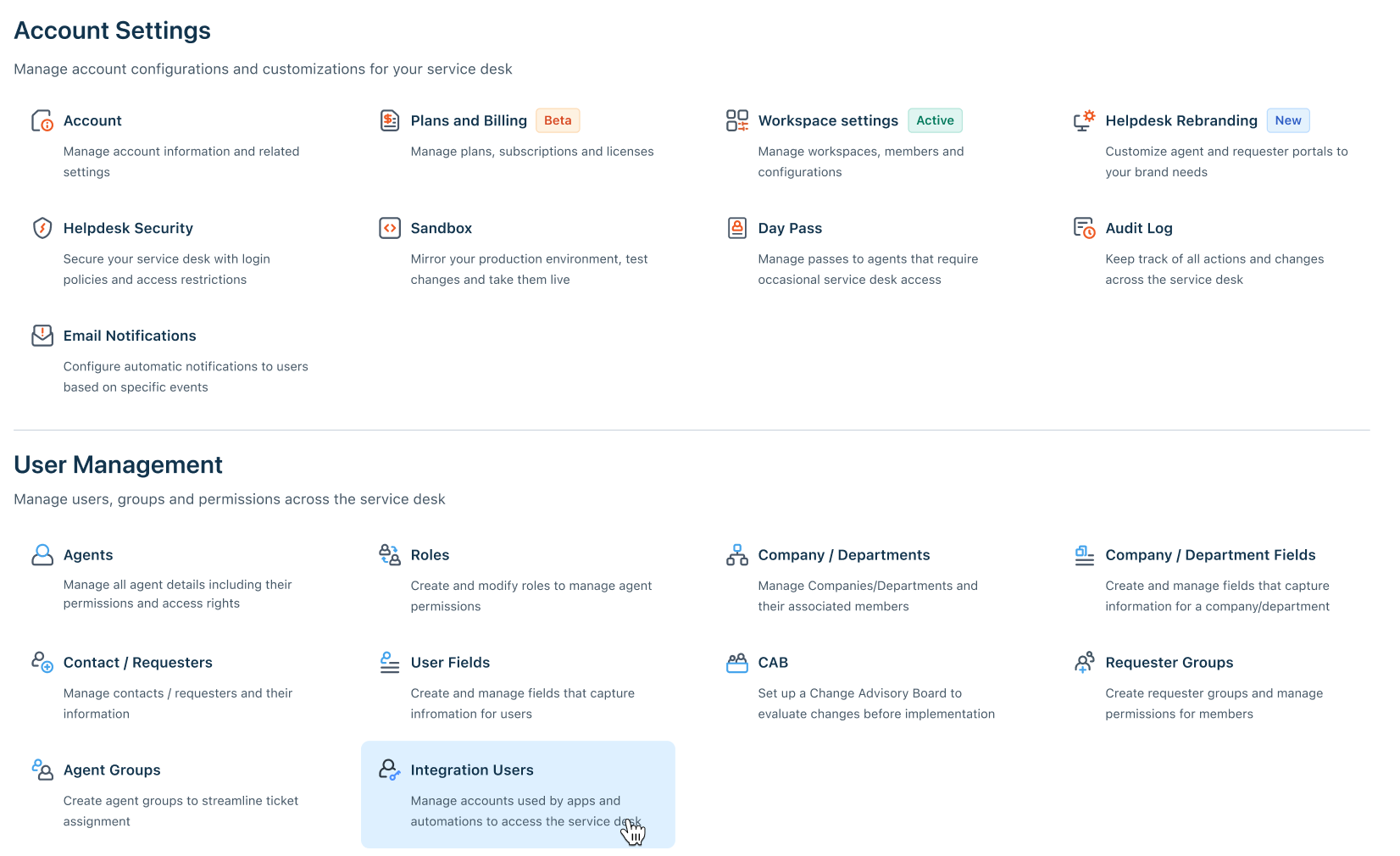 Freshservice Global Settings page, with the Audit Log tile under Account Settings and the Integration Users tile under User Management