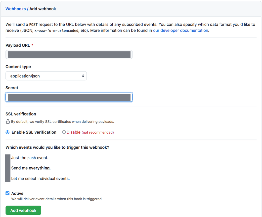 GitHub's Add webhook form, showing Payload URL, Content type set to application/json, Secret, SSL verification enabled, the three event-scope options and the Active checkbox above a green Add webhook button