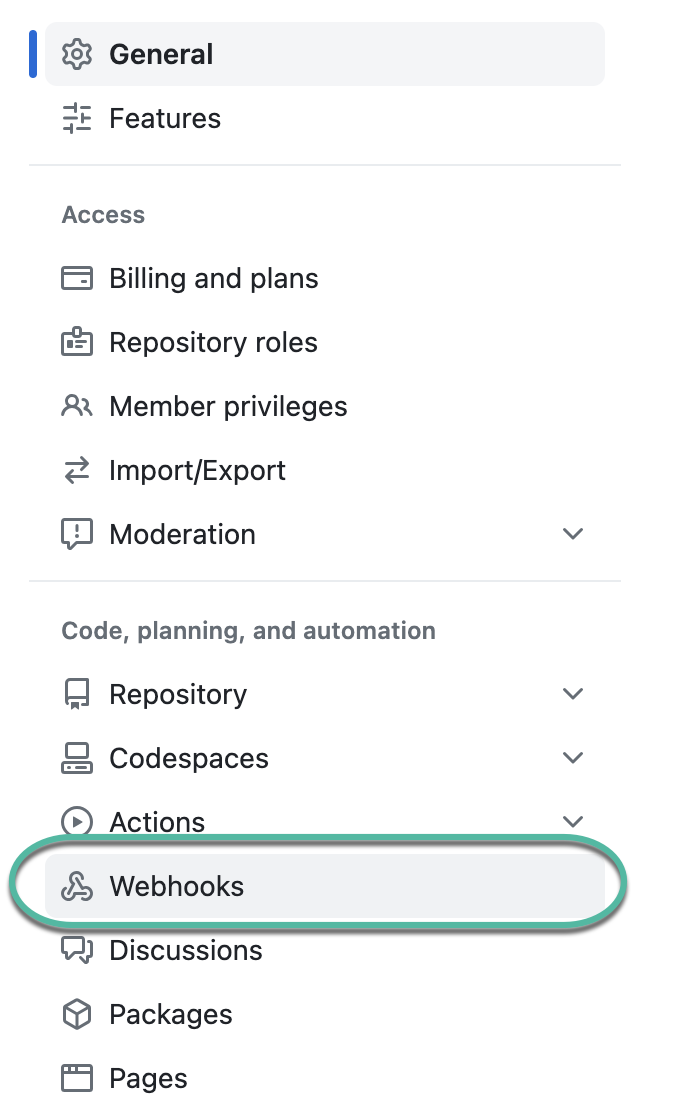GitHub organization settings sidebar with Webhooks highlighted under the Code, planning, and automation group