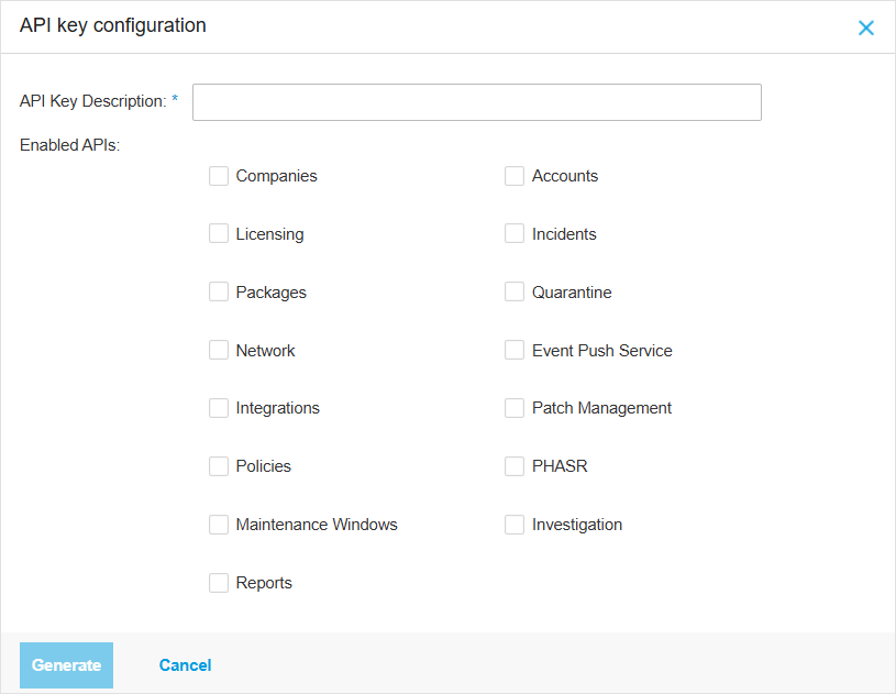 The API key configuration dialog with an API Key Description field and fifteen Enabled APIs checkboxes including Companies and Event Push Service, above a Generate button