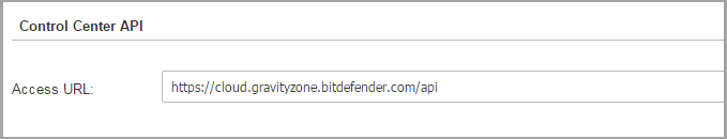 The Control Center API section of the My Account page, showing the Access URL field containing https://cloud.gravityzone.bitdefender.com/api