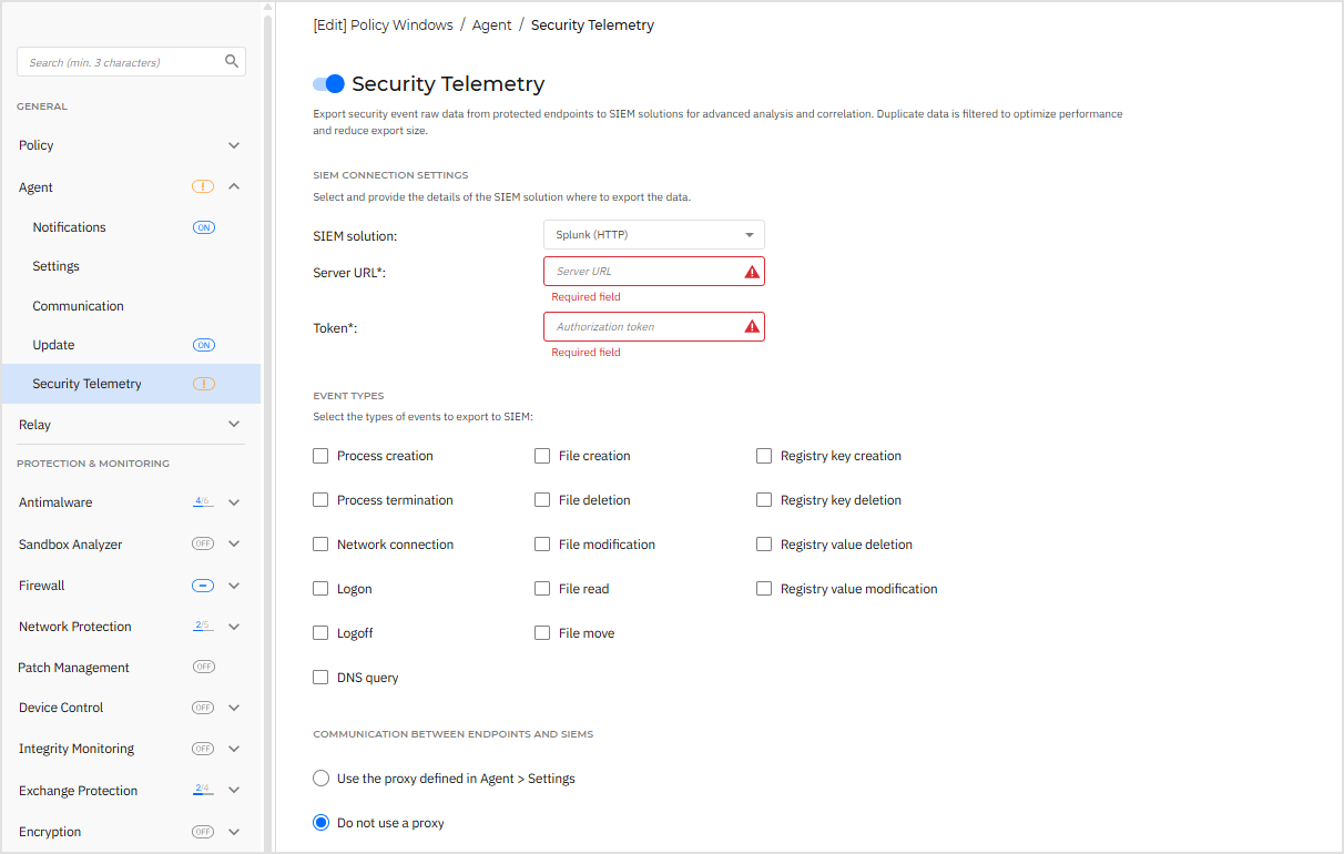 The Security Telemetry section of a GravityZone policy, showing the enable toggle, SIEM Connection Settings with SIEM solution set to Splunk (HTTP) and empty Server URL and Token fields, fifteen event-type checkboxes, and the proxy options