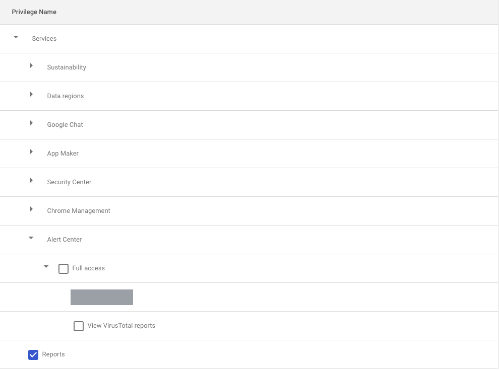 Admin console privilege tree with the Reports privilege ticked