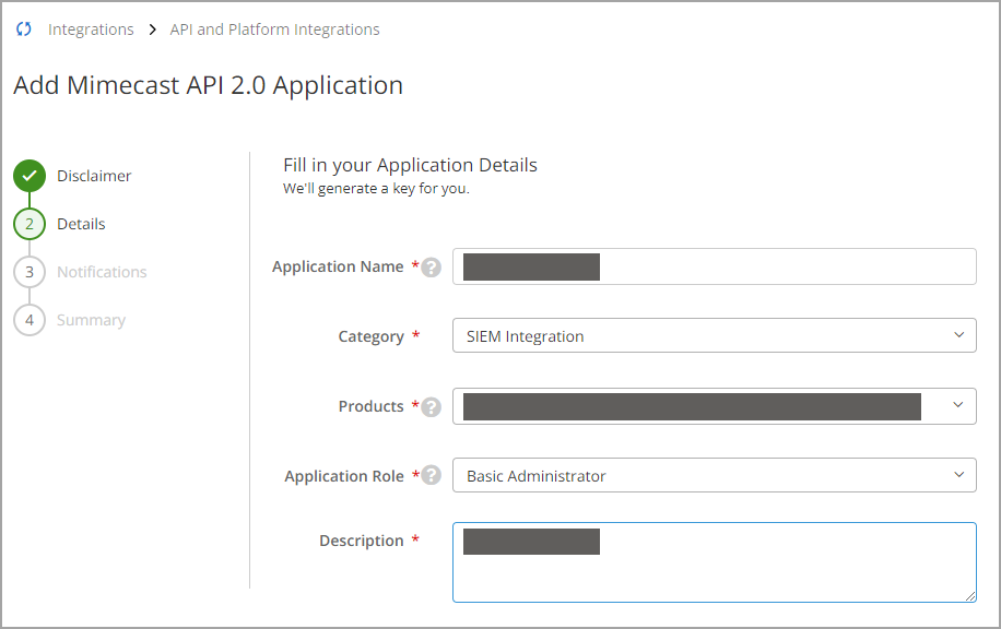Add Mimecast API 2.0 Application wizard on the Details step, showing Application Name, Category, Products, Application Role and Description with the tenant-specific values redacted