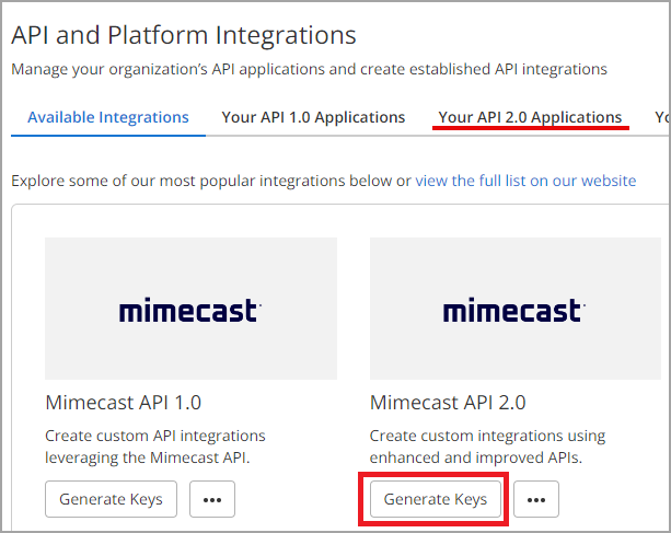 API and Platform Integrations page with the Your API 2.0 Applications tab selected and Generate Keys highlighted on the Mimecast API 2.0 card