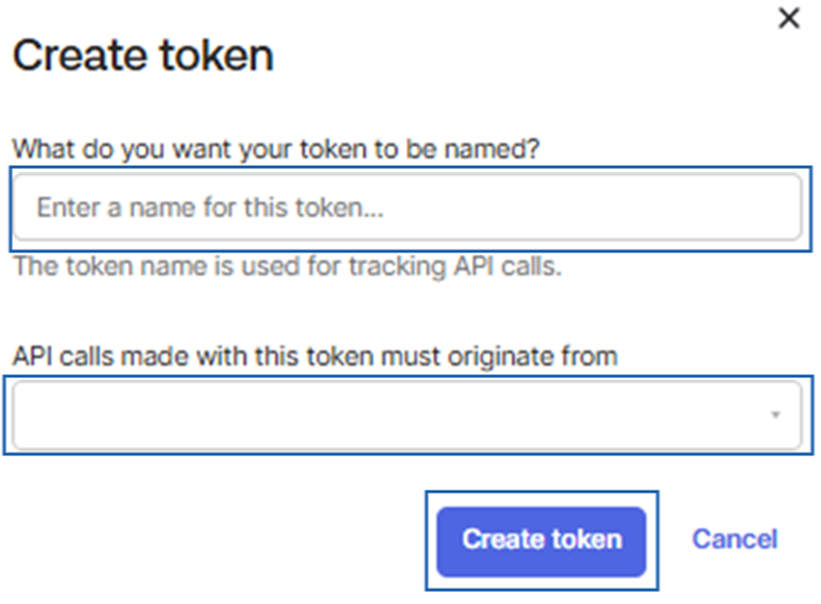 Create token dialog with a name field and the network-restriction dropdown