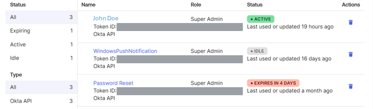Okta token list showing ACTIVE, IDLE and EXPIRES IN 4 DAYS status badges with last-used times