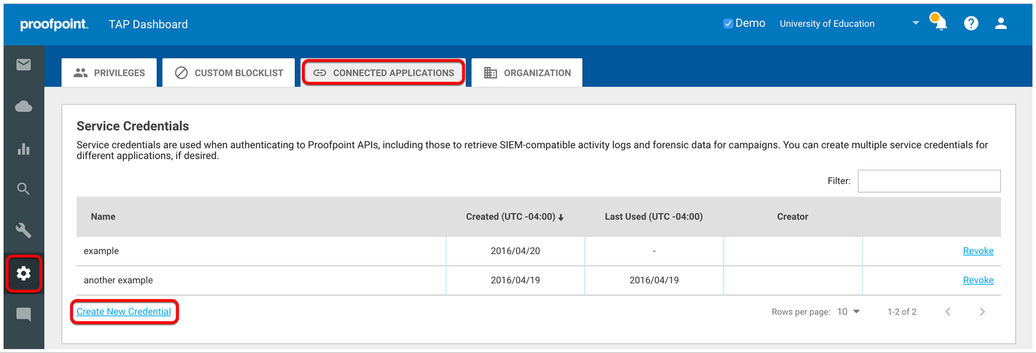 TAP Dashboard settings with the Connected Applications tab selected, showing the Service Credentials table and the Create New Credential link