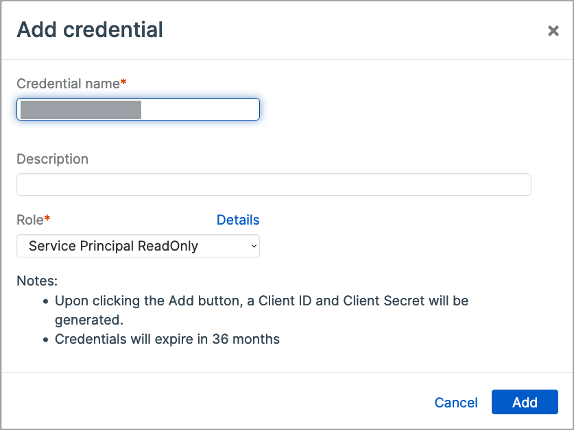 Sophos Central Add credential dialog with Credential name, Description and a Role dropdown set to Service Principal ReadOnly, above notes stating that a Client ID and Client Secret will be generated and that credentials will expire in 36 months