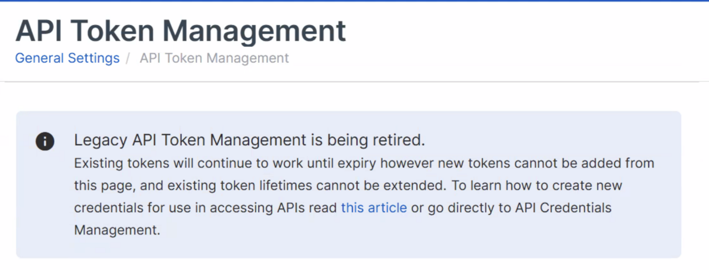 Sophos Central API Token Management page showing a banner reading Legacy API Token Management is being retired — existing tokens will continue to work until expiry however new tokens cannot be added from this page, and existing token lifetimes cannot be extended
