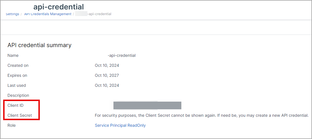 Sophos Central API credential summary showing Name, Created on, Expires on three years later, Last used, a redacted Client ID, the notice that the Client Secret cannot be shown again, and a Role of Service Principal ReadOnly