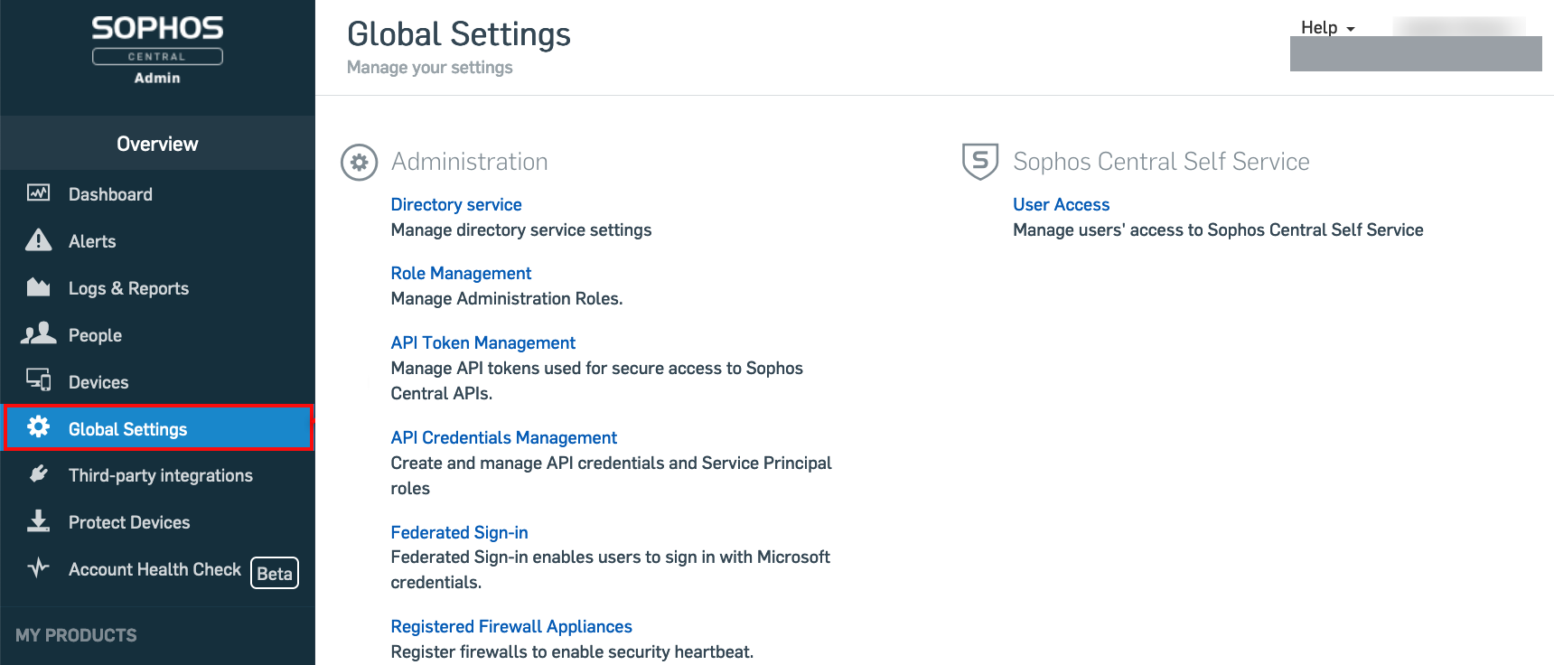 Sophos Central Global Settings page, Administration column listing Directory service, Role Management, API Token Management, API Credentials Management, Federated Sign-in and Registered Firewall Appliances