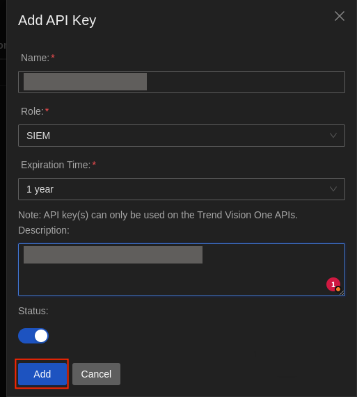 Add API Key dialog with Name, Role set to SIEM, Expiration Time set to 1 year, Description, and an enabled Status toggle