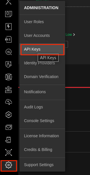 Vision One left rail with the settings gear selected and the Administration menu open on API Keys