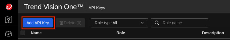 API Keys page header with the Add API Key button, a Delete button, and the Role type and Role name filters