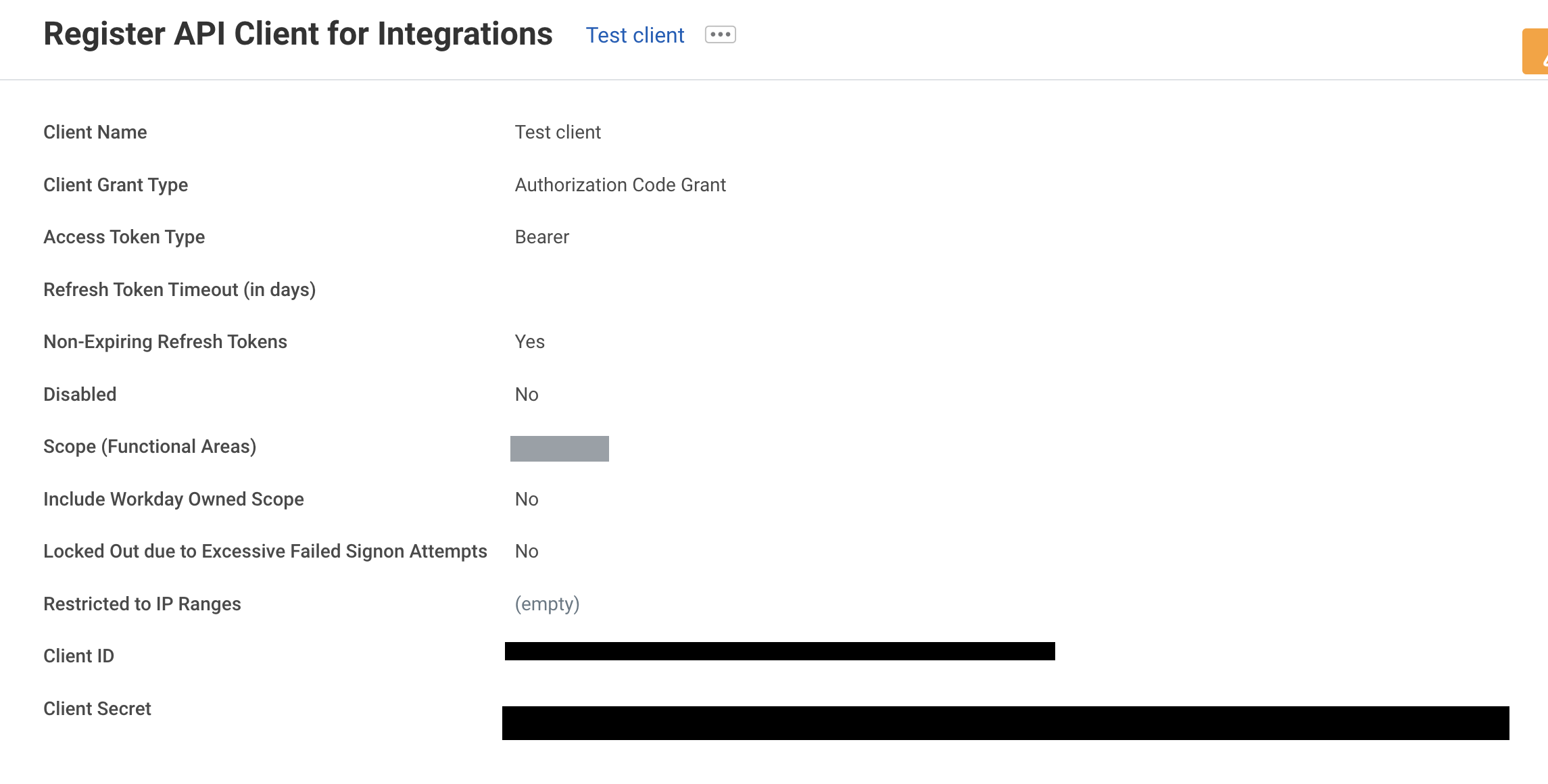 Registered API client showing Client Grant Type Authorization Code Grant, Access Token Type Bearer, Non-Expiring Refresh Tokens Yes, and the Client ID and Client Secret