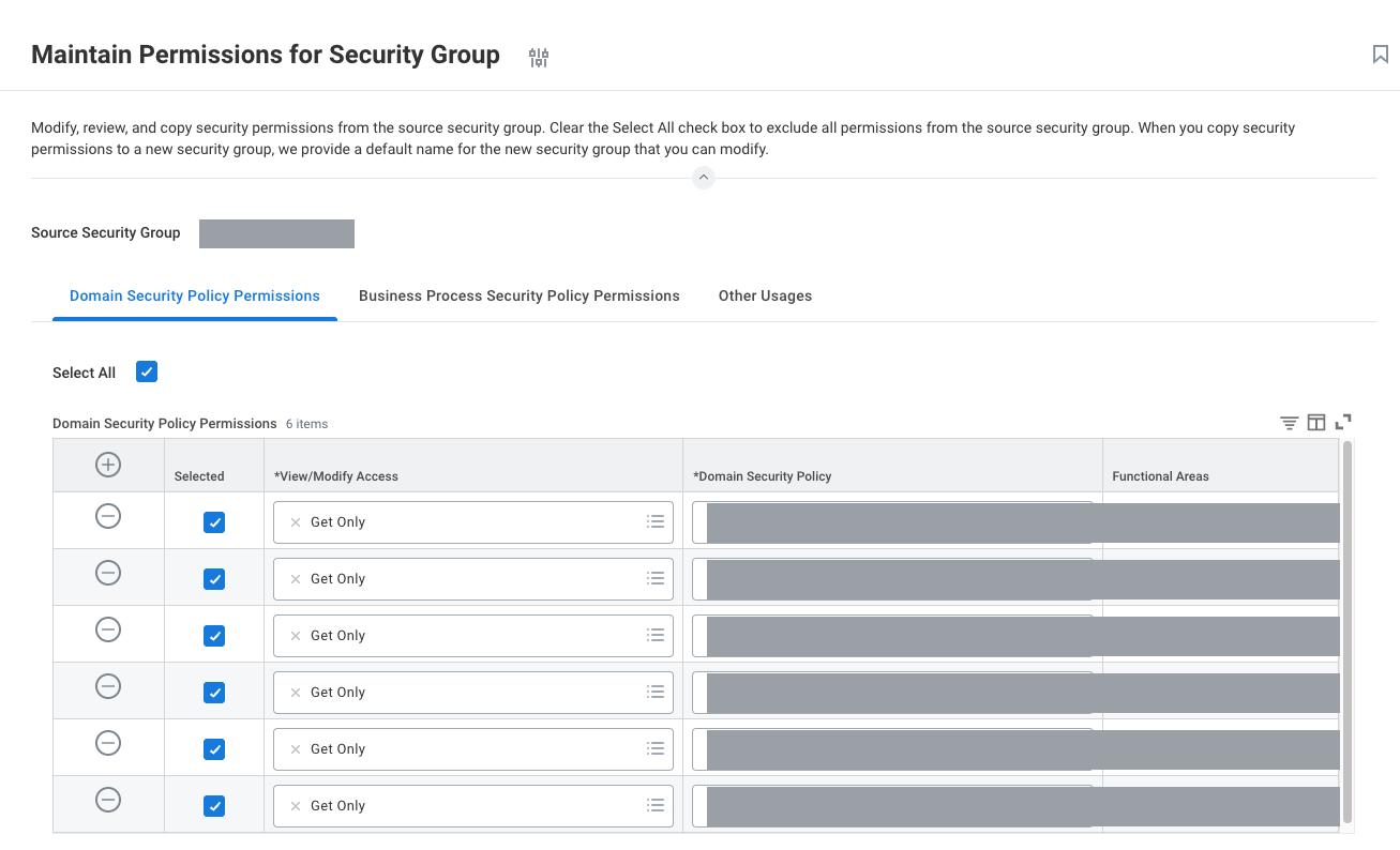 Maintain Permissions for Security Group, Domain Security Policy Permissions tab, with every row set to Get Only