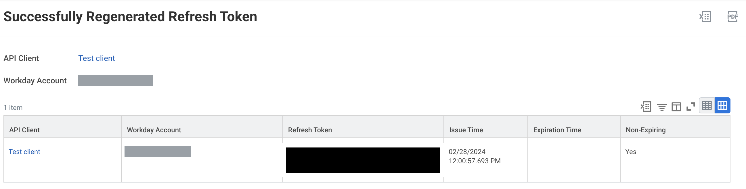 Successfully Regenerated Refresh Token page, with the token row showing an empty Expiration Time and Non-Expiring set to Yes