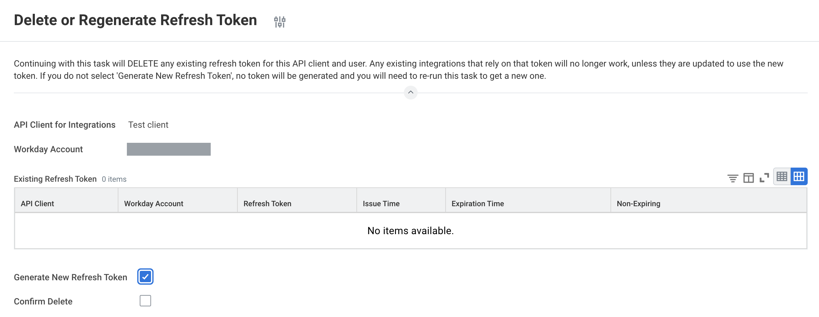 Delete or Regenerate Refresh Token page, showing Workday's warning that continuing deletes any existing token, with Generate New Refresh Token ticked