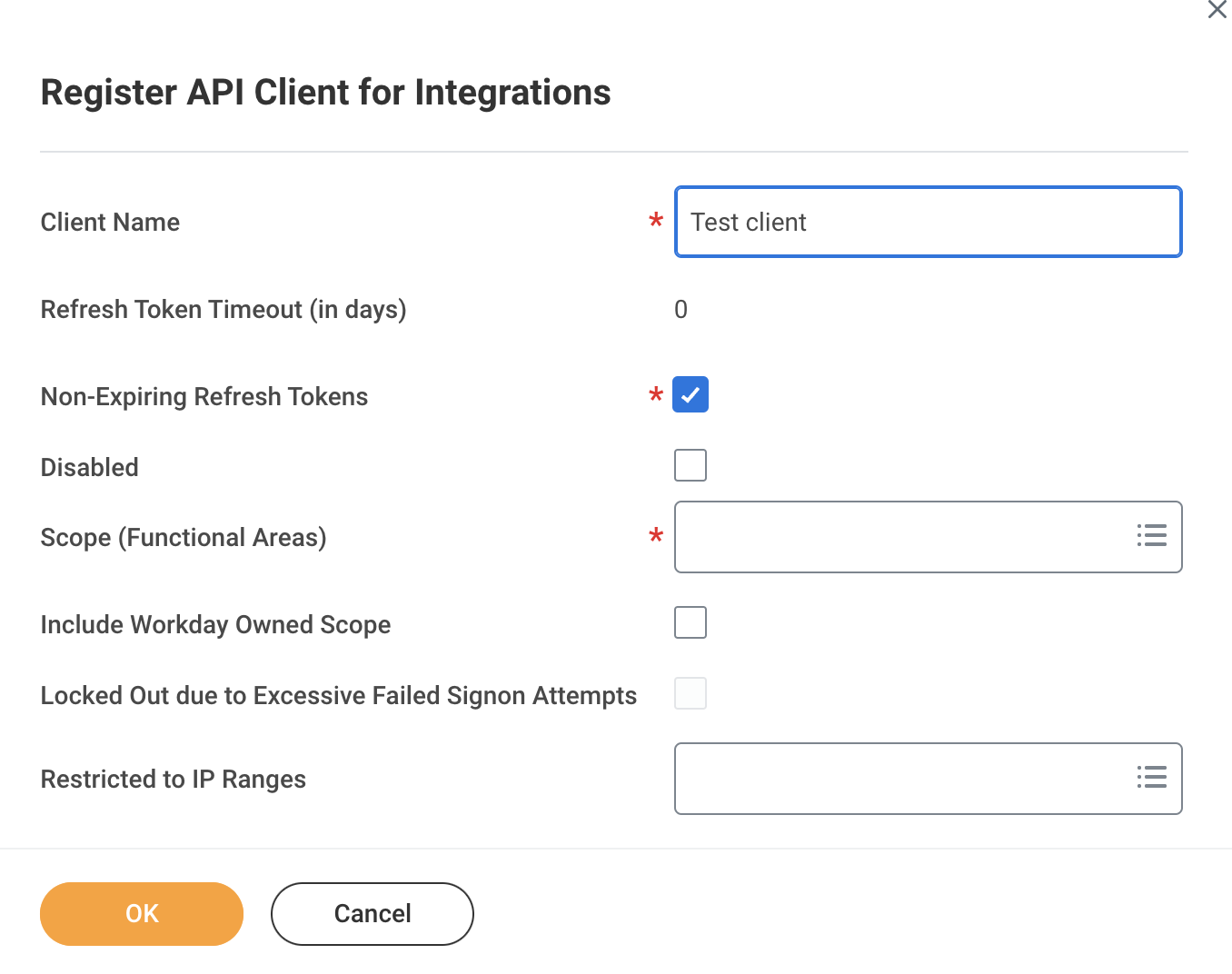 Register API Client for Integrations task, with Refresh Token Timeout, Non-Expiring Refresh Tokens, Scope and Restricted to IP Ranges