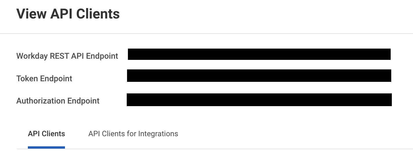 View API Clients report showing Workday REST API Endpoint, Token Endpoint and Authorization Endpoint above the API Clients and API Clients for Integrations tabs