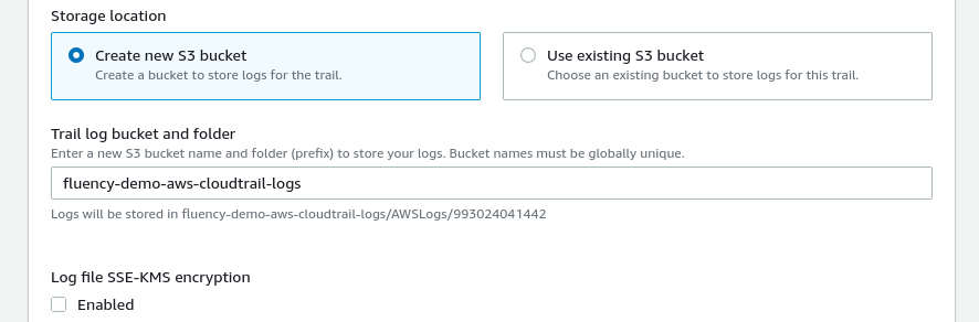 Storage location section of the Create trail form, with an S3 bucket chosen and log file encryption unchecked