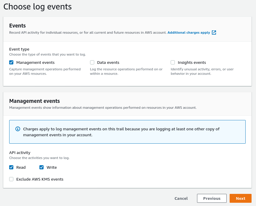 Choose log events step of the Create trail wizard, with the event types to record