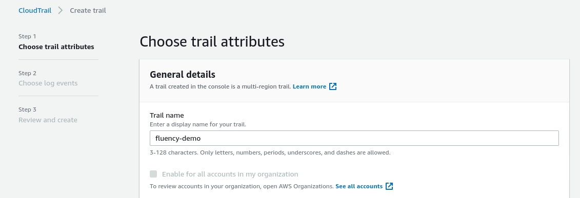 Create trail form with the trail name entered and the all-regions default applied