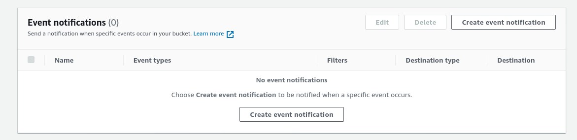 Event notifications section of the S3 bucket Properties tab